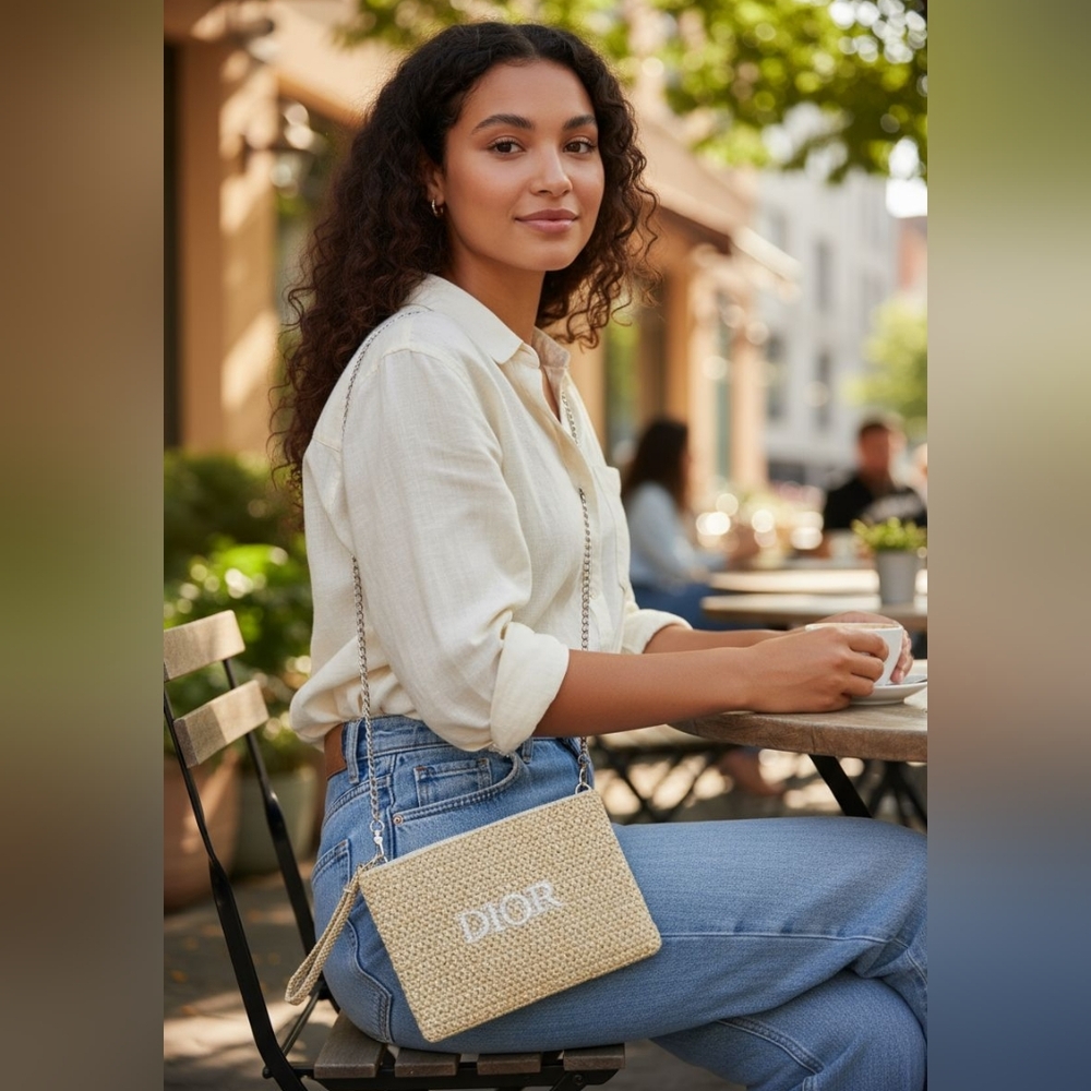 Dior Beige Woven Cosmetic Pouch with Crossbody Gold Chain NEW GWP - Picture 2 of 9